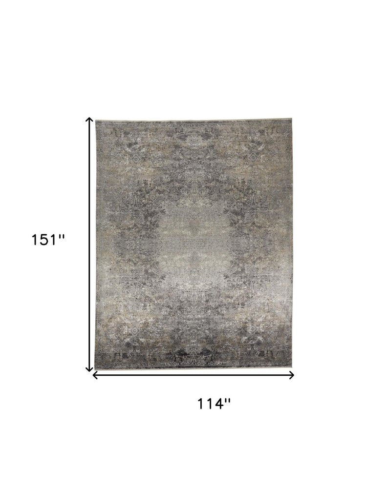 9' X 13' Tan and Gray Oriental Power Loom Worn Faded Area Rug on a white background