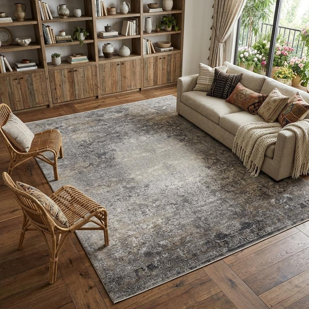 9' X 13' Tan and Gray Oriental Power Loom Worn Faded Area Rug
