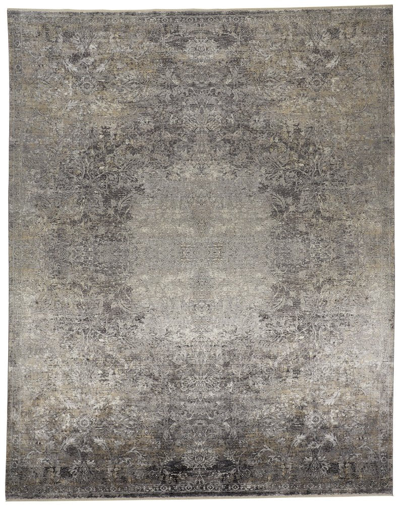 9' X 13' Tan and Gray Oriental Power Loom Worn Faded Area Rug close-up detail