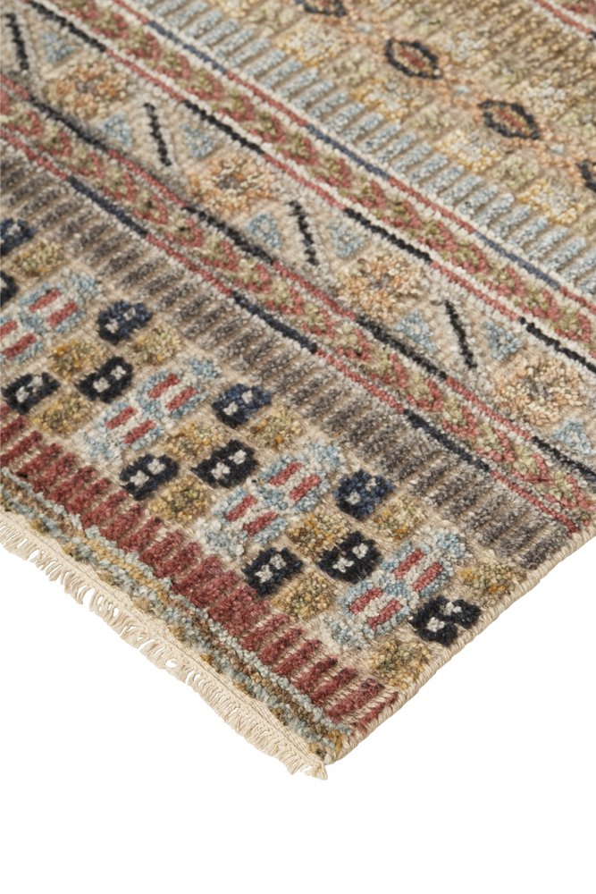9' X 13' Tan Blue and Orange Striped Hand Knotted Area Rug