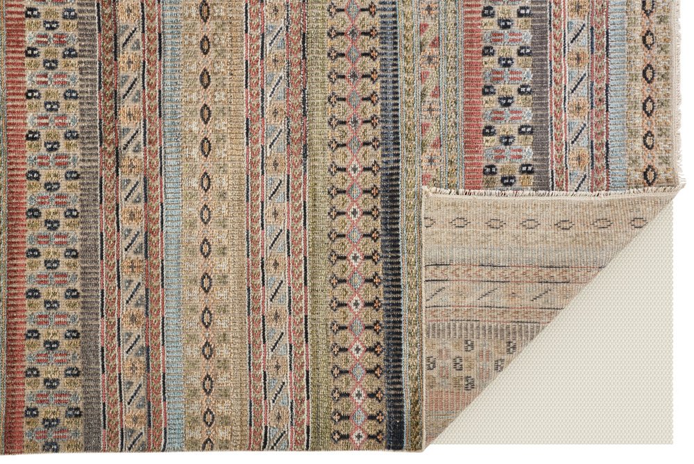 9' X 13' Tan Blue and Orange Striped Hand Knotted Area Rug close-up detail