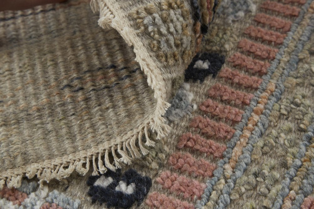 9' X 13' Tan Blue and Orange Striped Hand Knotted Area Rug