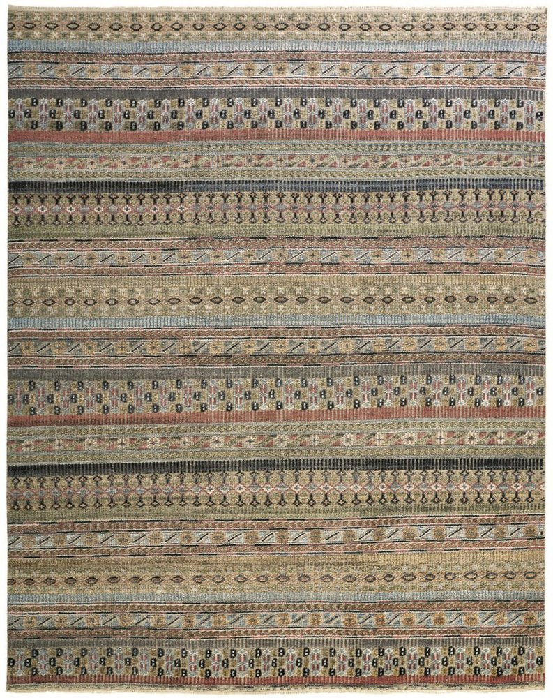 9' X 13' Tan Blue and Orange Striped Hand Knotted Area Rug