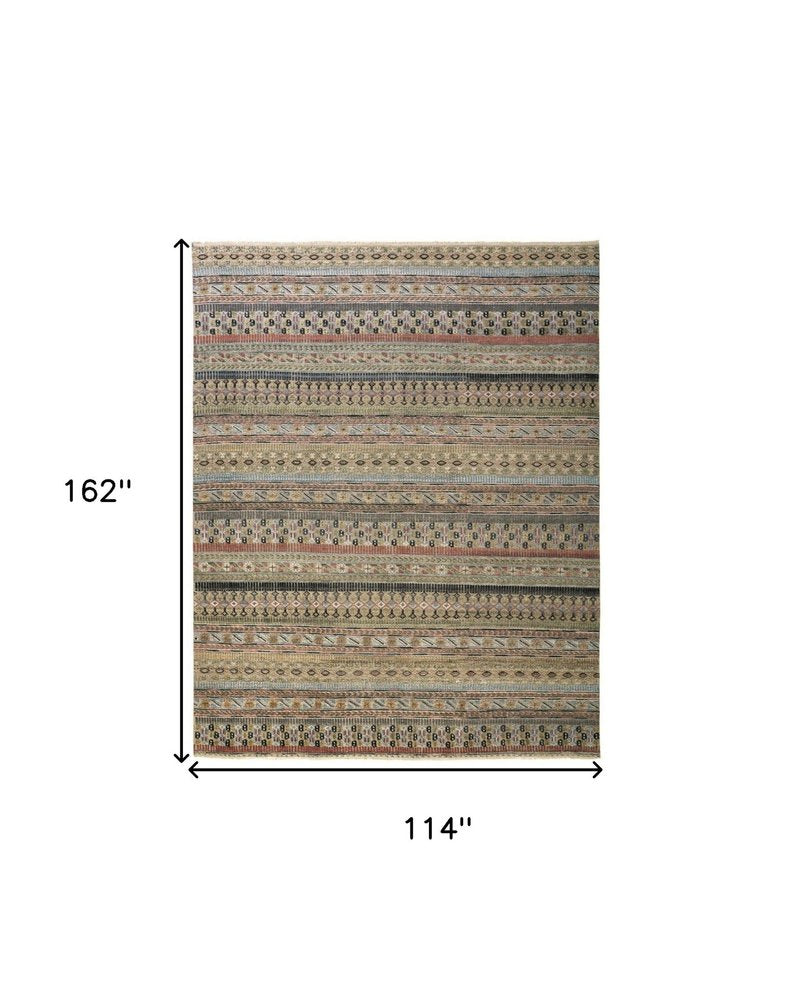 9' X 13' Tan Blue and Orange Striped Hand Knotted Area Rug on a white background