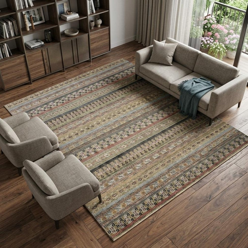 9' X 13' Tan Blue and Orange Striped Hand Knotted Area Rug in a home interior