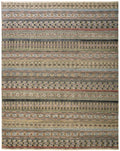 9' X 13' Tan Blue and Orange Striped Hand Knotted Area Rug