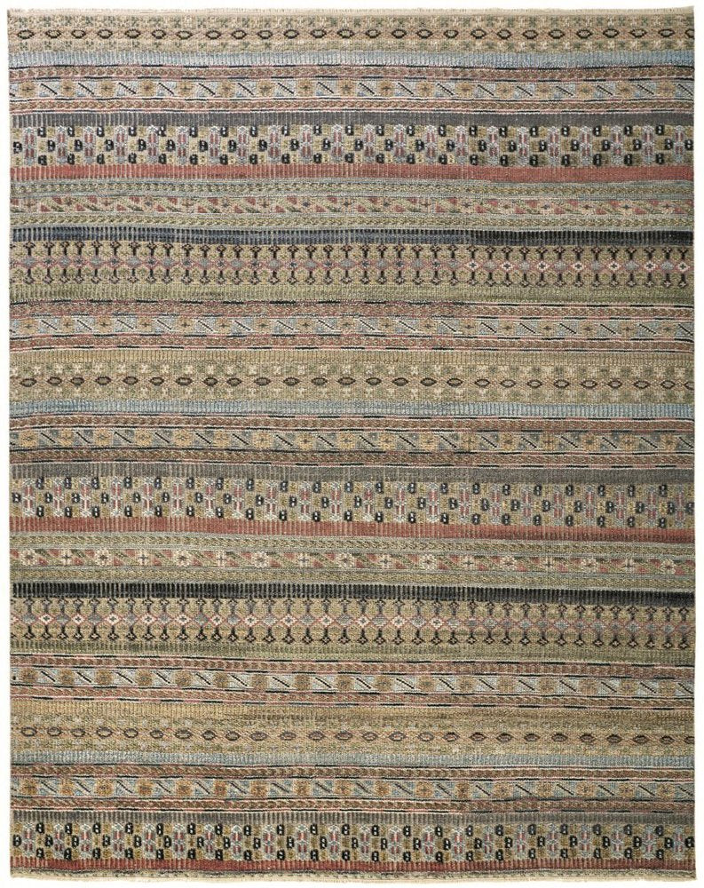 9' X 13' Tan Blue and Orange Striped Hand Knotted Area Rug