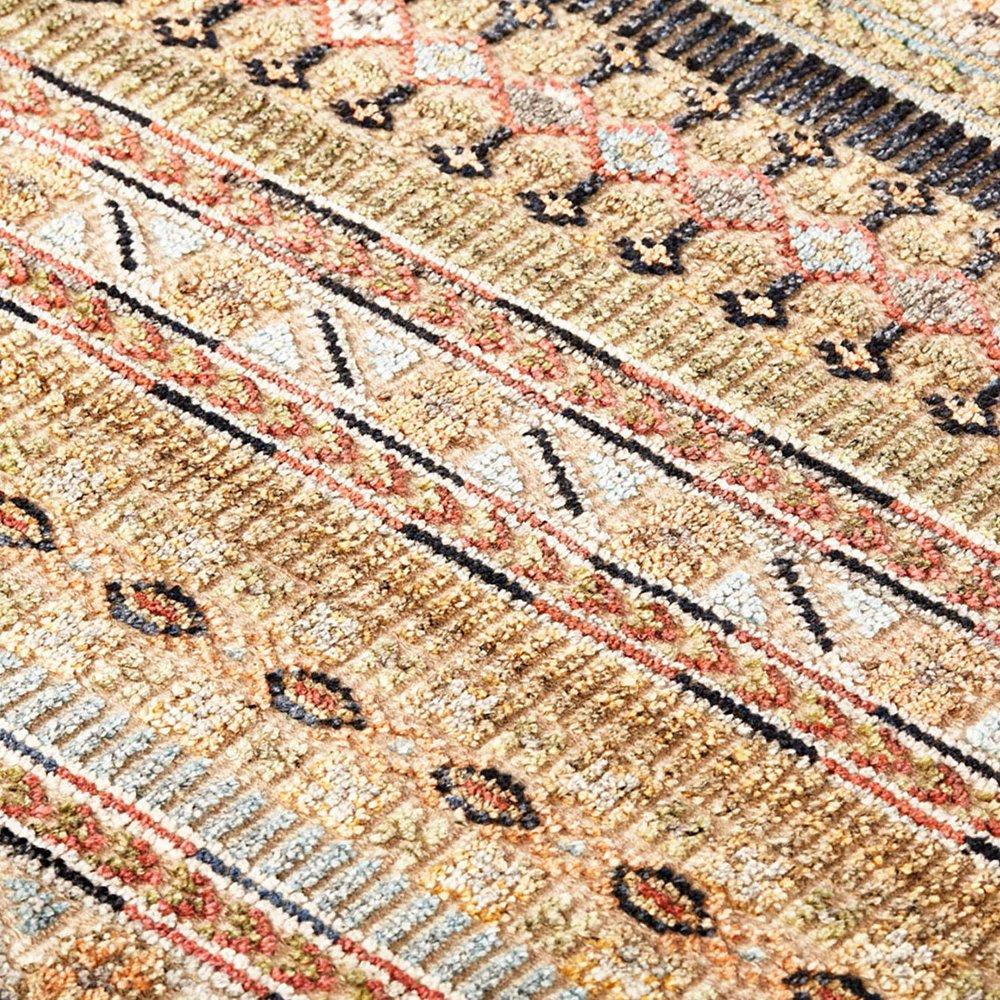 9' X 13' Tan Blue and Orange Striped Hand Knotted Area Rug