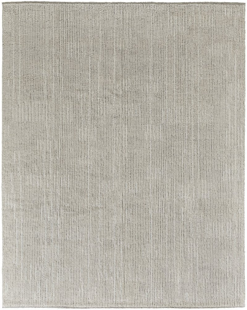 9' X 13' Tan and Ivory Wool Hand Knotted Area Rug on a white background