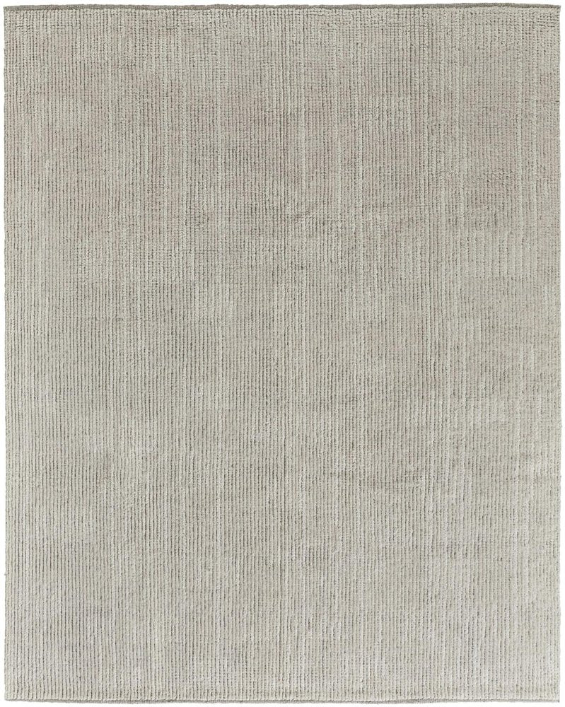 9' X 13' Tan and Ivory Wool Hand Knotted Area Rug on a white background
