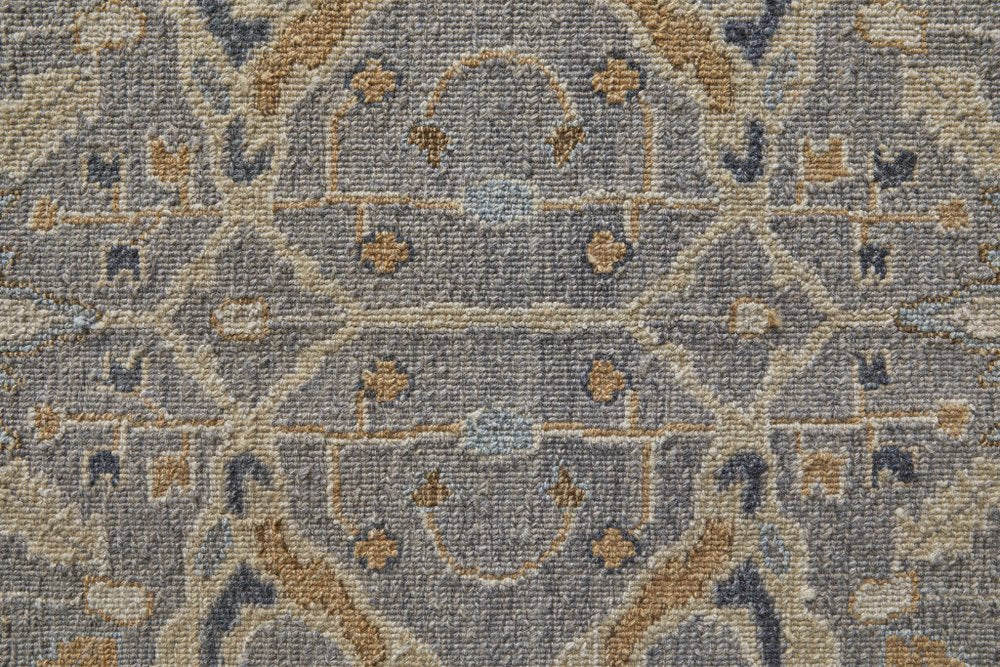 9' X 13' Tan and Gray Wool Oriental Hand Knotted Area Rug With Fringe close-up detail