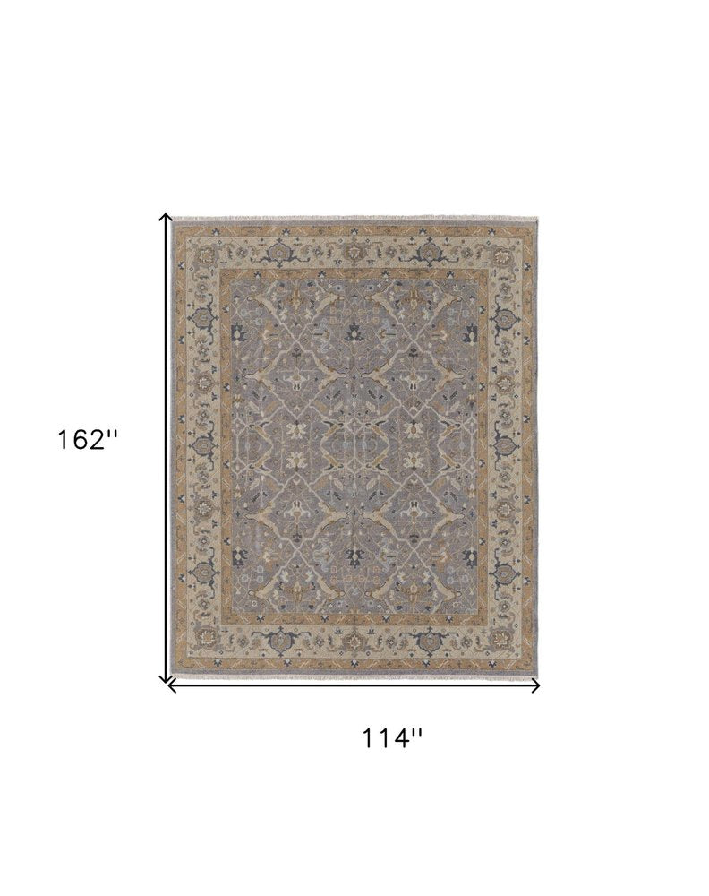 9' X 13' Tan and Gray Wool Oriental Hand Knotted Area Rug With Fringe on a white background