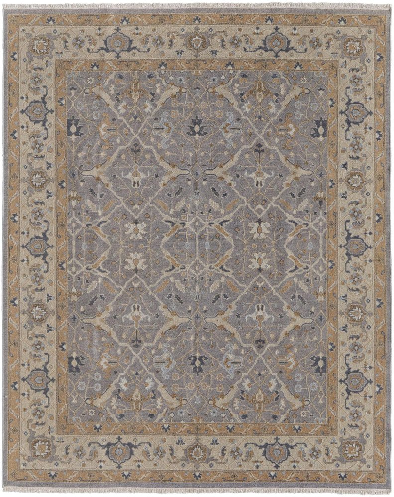 9' X 13' Tan and Gray Wool Oriental Hand Knotted Area Rug With Fringe close-up detail