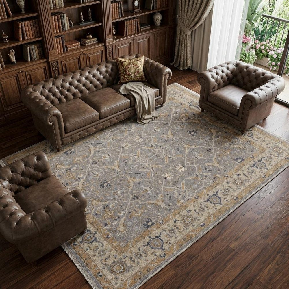 9' X 13' Tan and Gray Wool Oriental Hand Knotted Area Rug With Fringe in a home interior