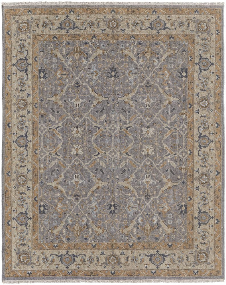 9' X 13' Tan and Gray Wool Oriental Hand Knotted Area Rug With Fringe close-up detail