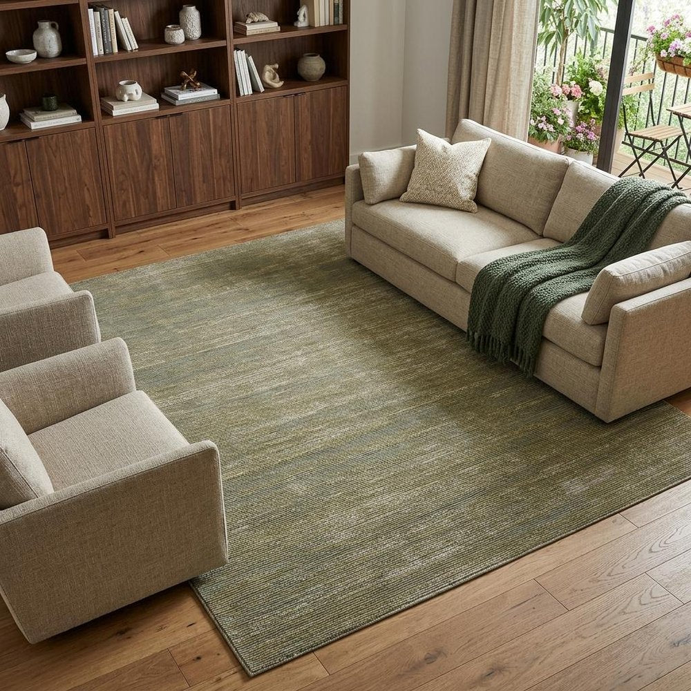 9' X 13' Tan and Green Power Loom Area Rug in a home interior