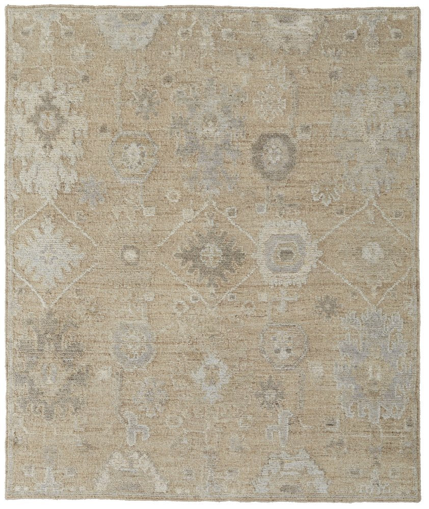 9' X 13' Tan and Ivory Wool Floral Hand Knotted Area Rug close-up detail