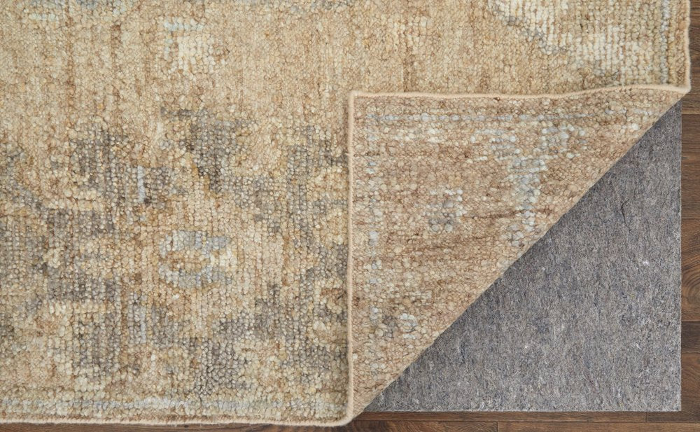 9' X 13' Tan and Ivory Wool Floral Hand Knotted Area Rug close-up detail