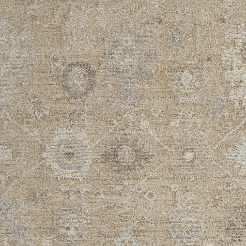 9' X 13' Tan and Ivory Wool Floral Hand Knotted Area Rug close-up detail