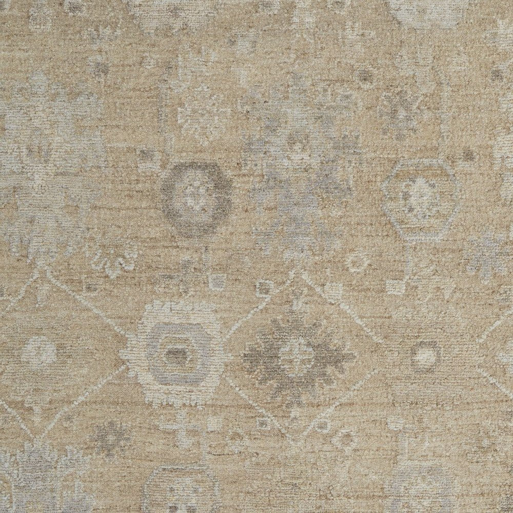 9' X 13' Tan and Ivory Wool Floral Hand Knotted Area Rug close-up detail