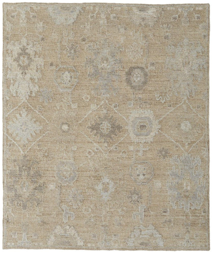 9' X 13' Tan and Ivory Wool Floral Hand Knotted Area Rug close-up detail