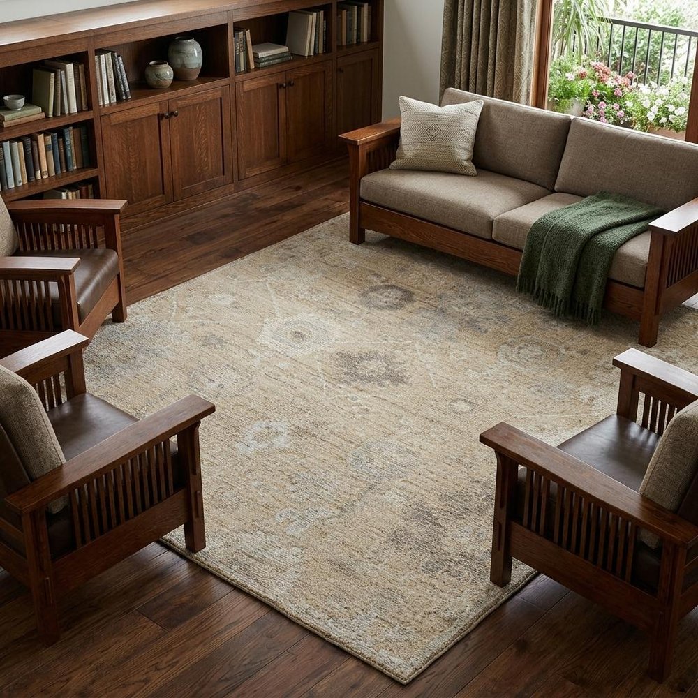 9' X 13' Tan and Ivory Wool Floral Hand Knotted Area Rug