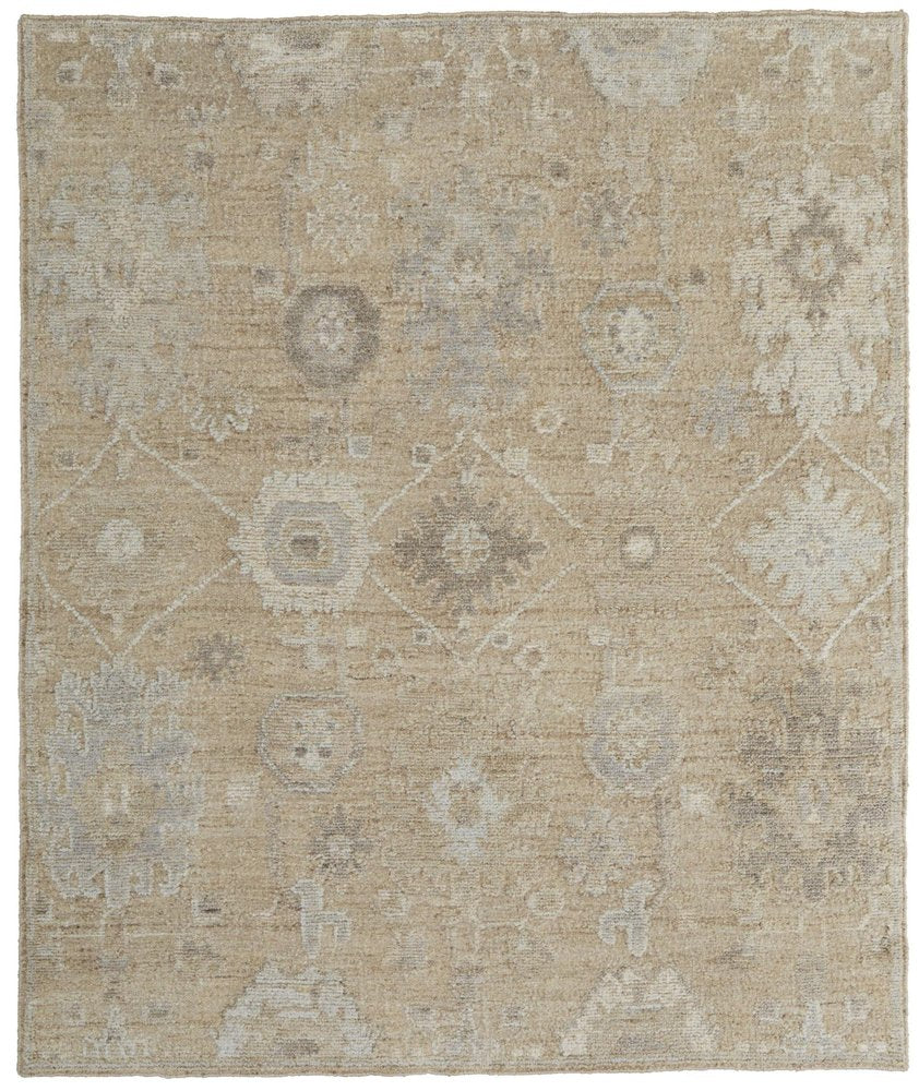 9' X 13' Tan and Ivory Wool Floral Hand Knotted Area Rug close-up detail
