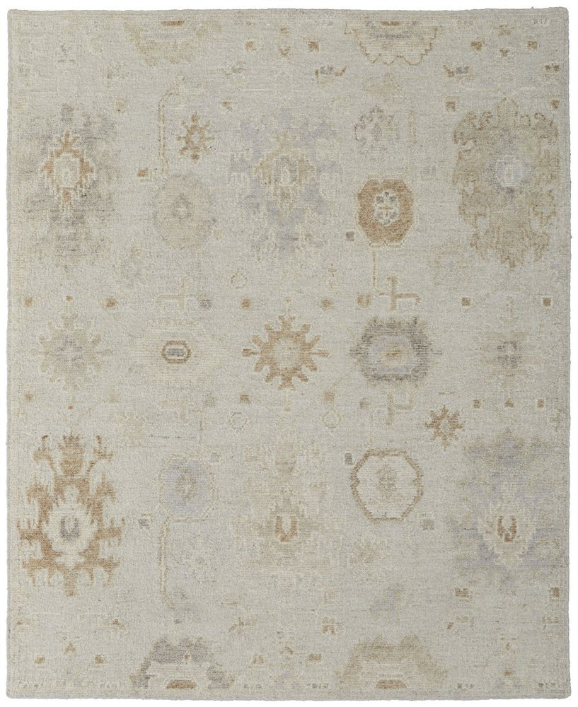 9' X 13' Tan and Gray Wool Floral Hand Knotted Area Rug on a white background