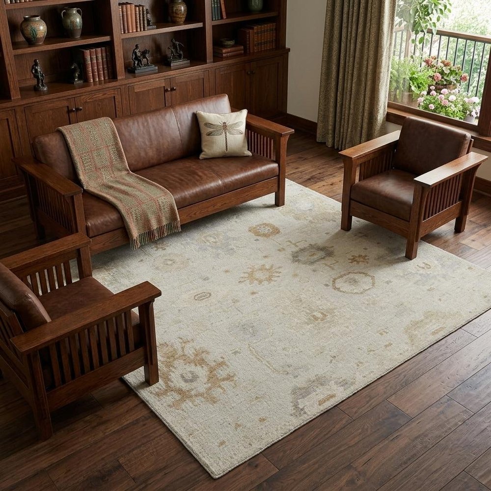 9' X 13' Tan and Gray Wool Floral Hand Knotted Area Rug
