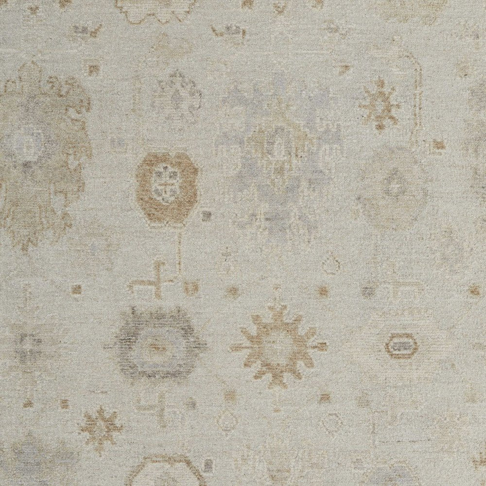 9' X 13' Tan and Gray Wool Floral Hand Knotted Area Rug on a white background