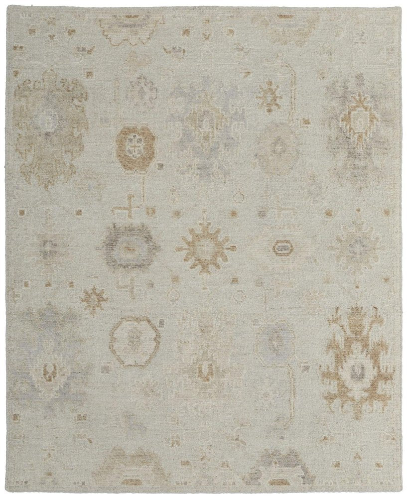 9' X 13' Tan and Gray Wool Floral Hand Knotted Area Rug on a white background