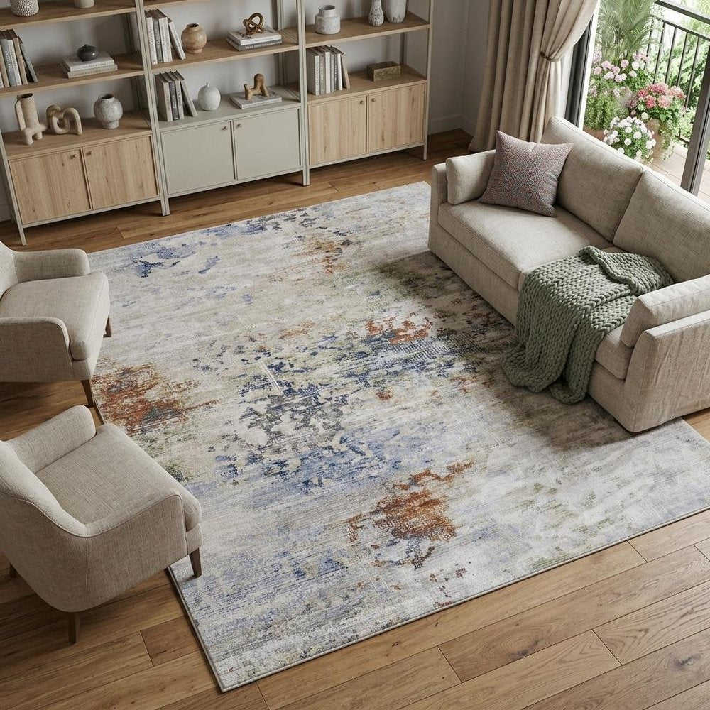 9' X 13' Red Blue and Ivory Abstract Power Loom Area Rug