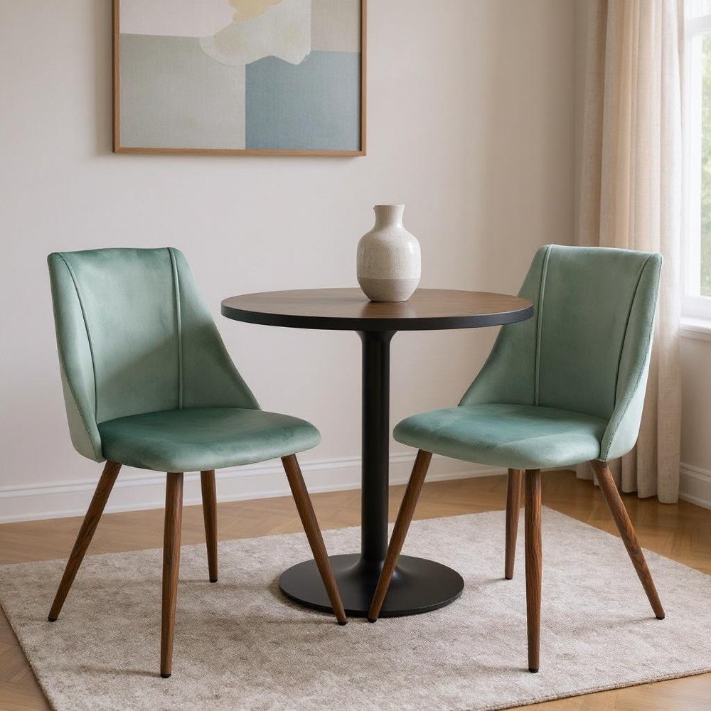 Set of Two Sage and Brown Upholstered Velvet Dining Side Chairs in a home interior