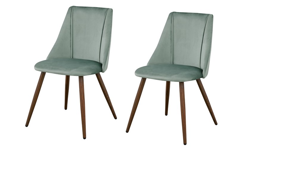Set of Two Sage and Brown Upholstered Velvet Dining Side Chairs on a white background