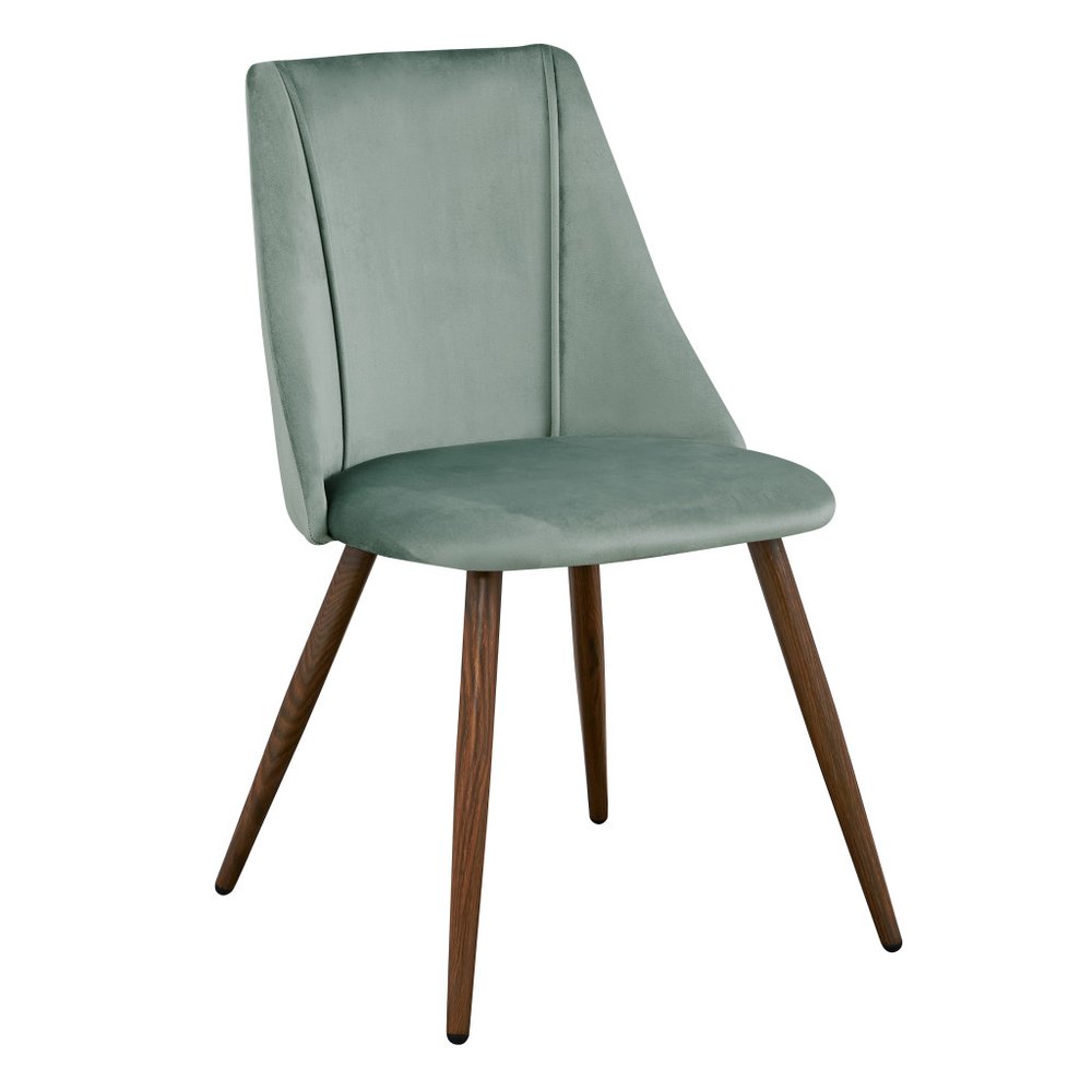Set of Two Sage and Brown Upholstered Velvet Dining Side Chairs on a white background
