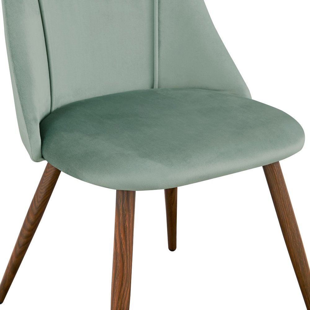 Set of Two Sage and Brown Upholstered Velvet Dining Side Chairs on a white background