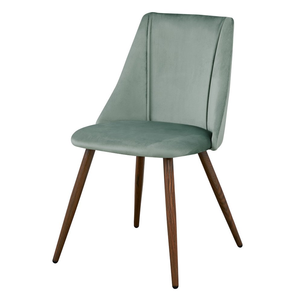 Set of Two Sage and Brown Upholstered Velvet Dining Side Chairs on a white background