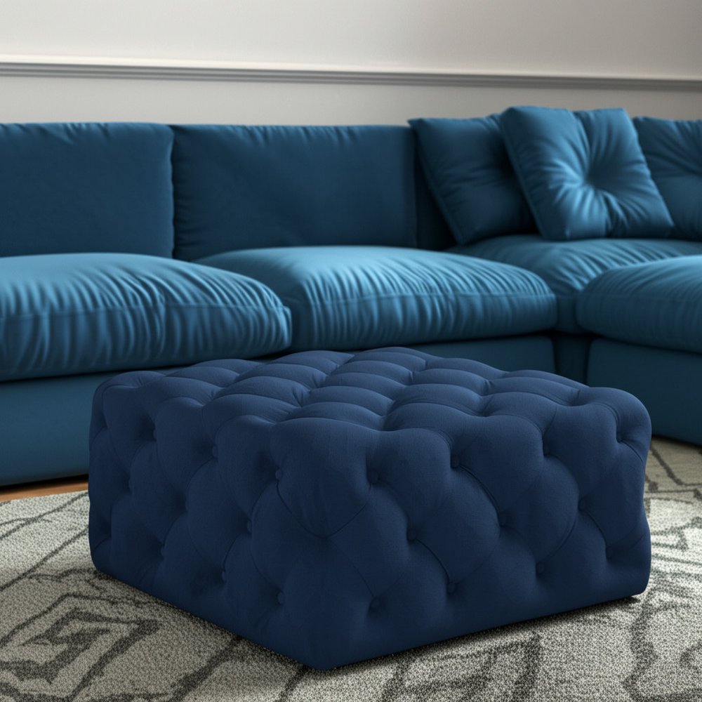 33" Navy Blue Velvet Rolling Tufted Cocktail Ottoman styled in a furnished interior with a light gray wall on a tiled floor.