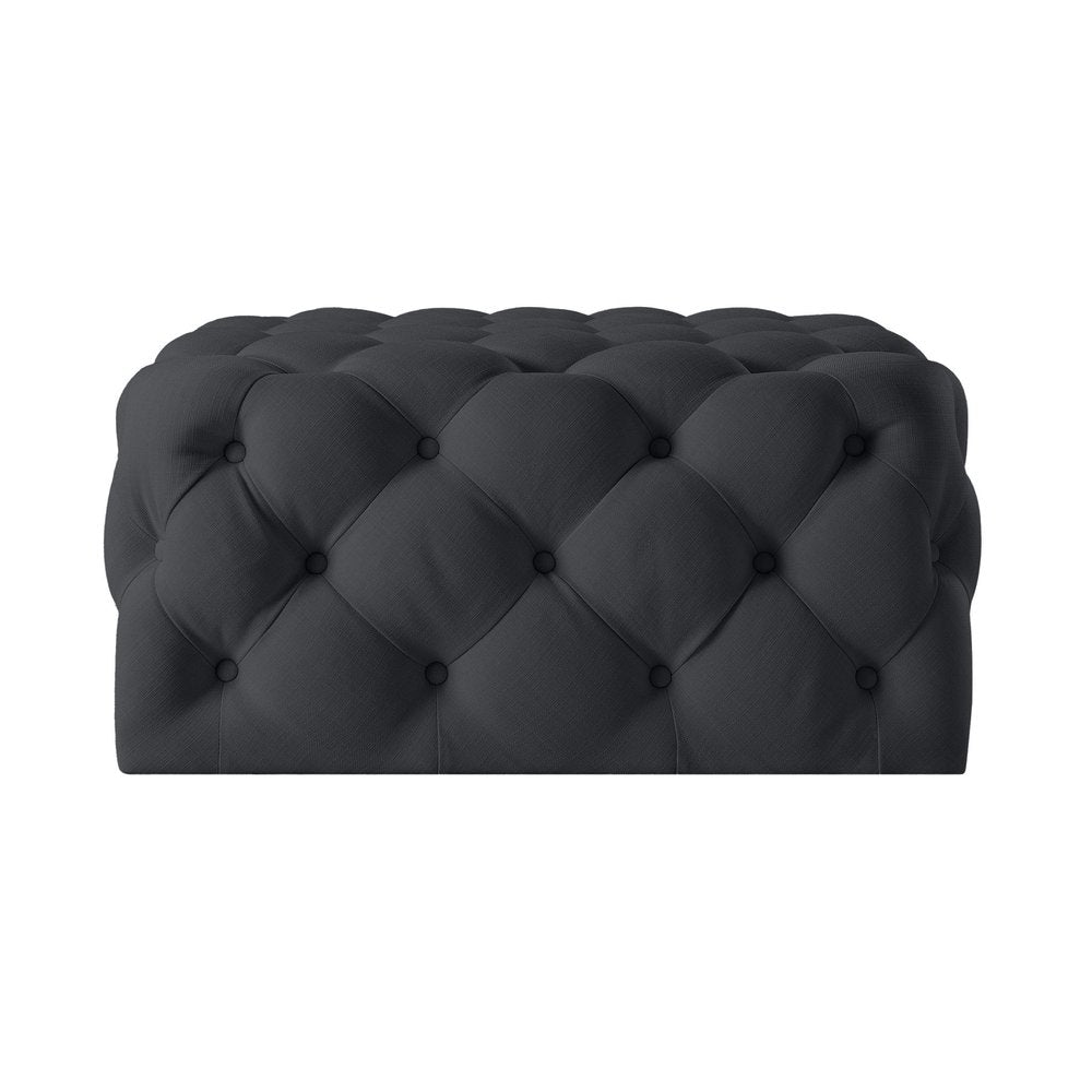 33" Navy Blue Velvet Rolling Tufted Cocktail Ottoman. Ottoman isolated on a plain white background, in a navy velvet finish.