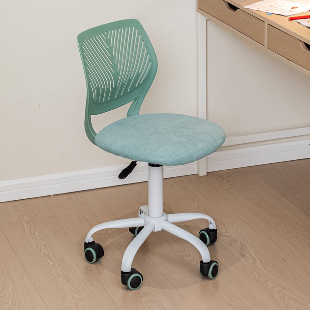 Teal and White Adjustable Height Swivel Rolling Office Chair in a home interior