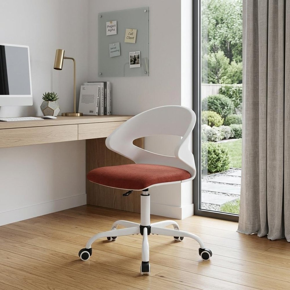 White and Brick Red Adjustable Height Swivel Rolling Office Chair in a home interior