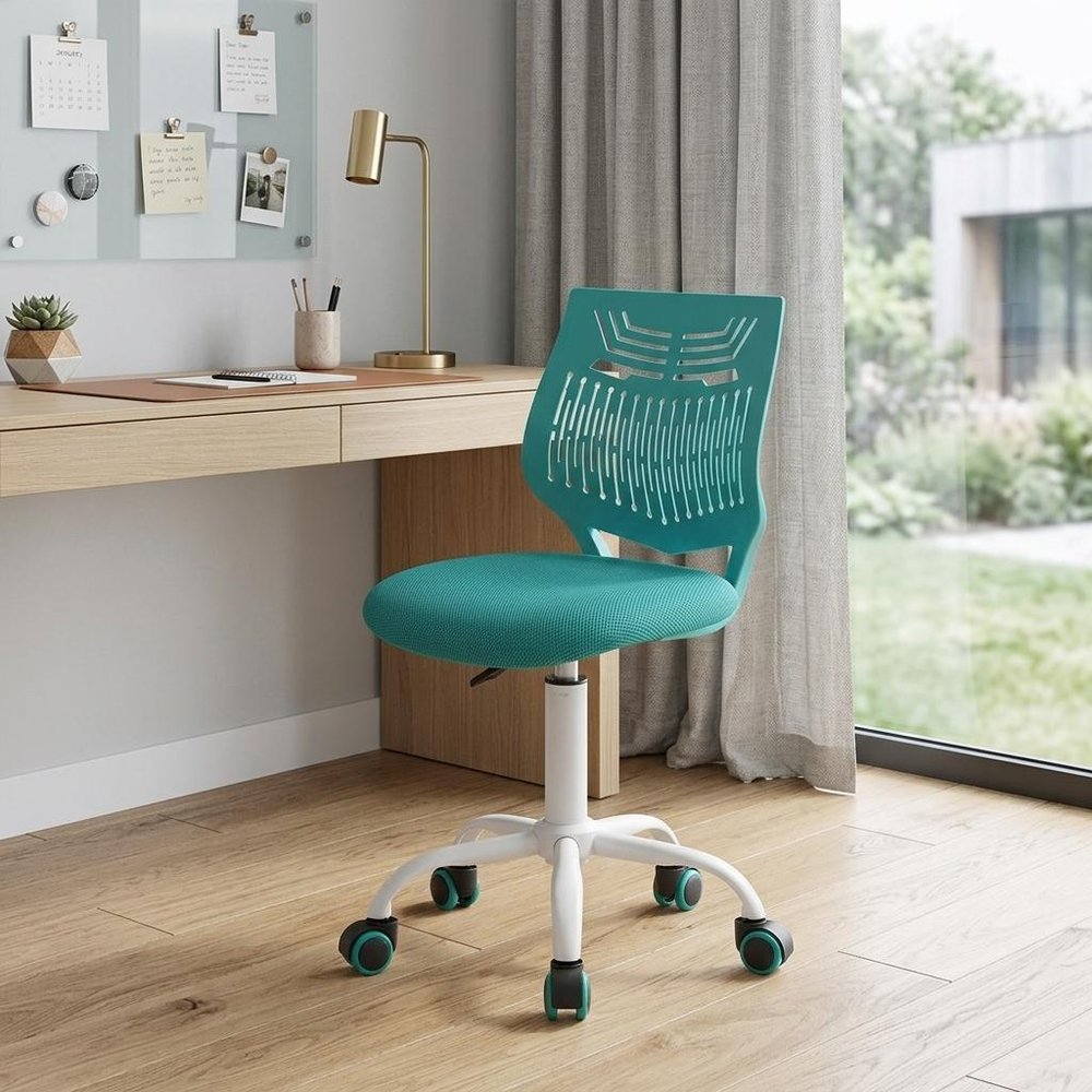 Pink and White Adjustable Height Swivel Rolling Office Chair in a home interior