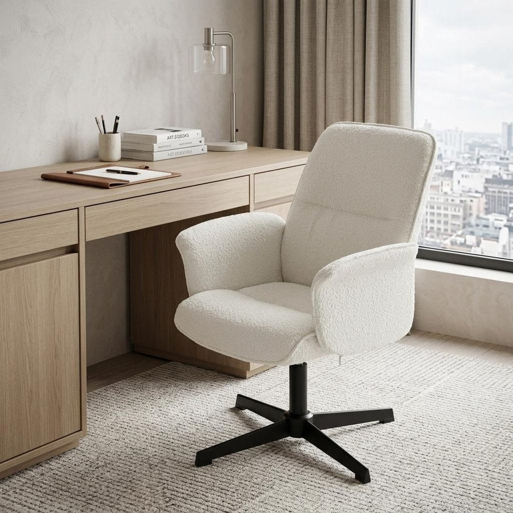 Off White and Black Boucle Adjustable Height Swivel Executive Office Chair