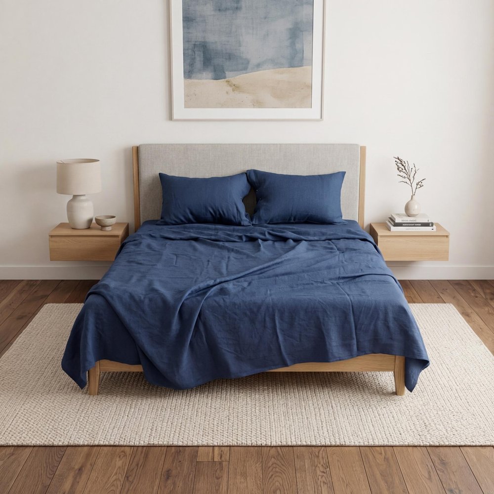 Set of Two Navy Blue Linen Standard Pillowcases in a home interior