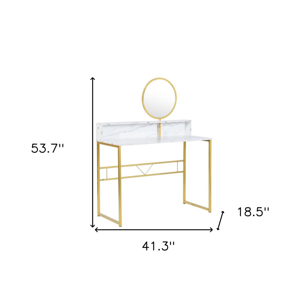 41" White And Gold Faux Marble and Steel Vanity Table with Mirror. Vanity table isolated on a plain white background, finished in white metal.