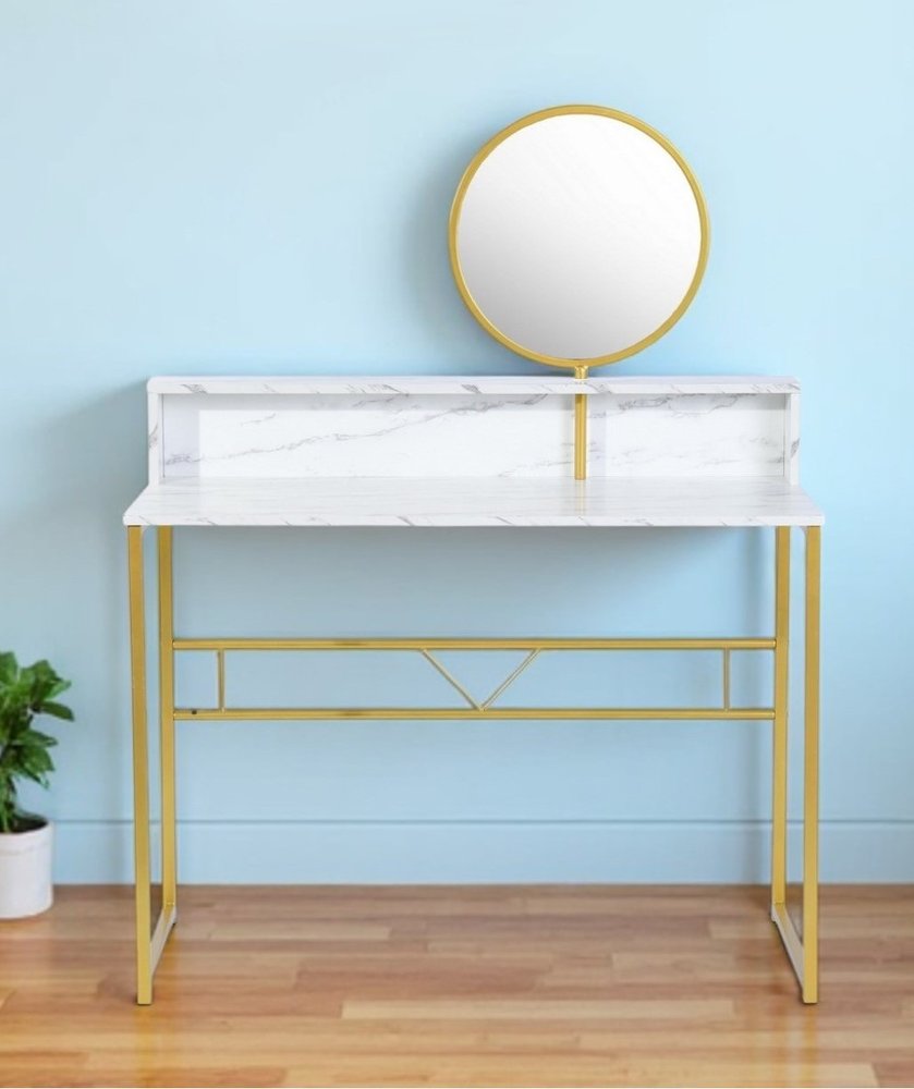 41" White And Gold Faux Marble and Steel Vanity Table with Mirror. Vanity table in gold metal.