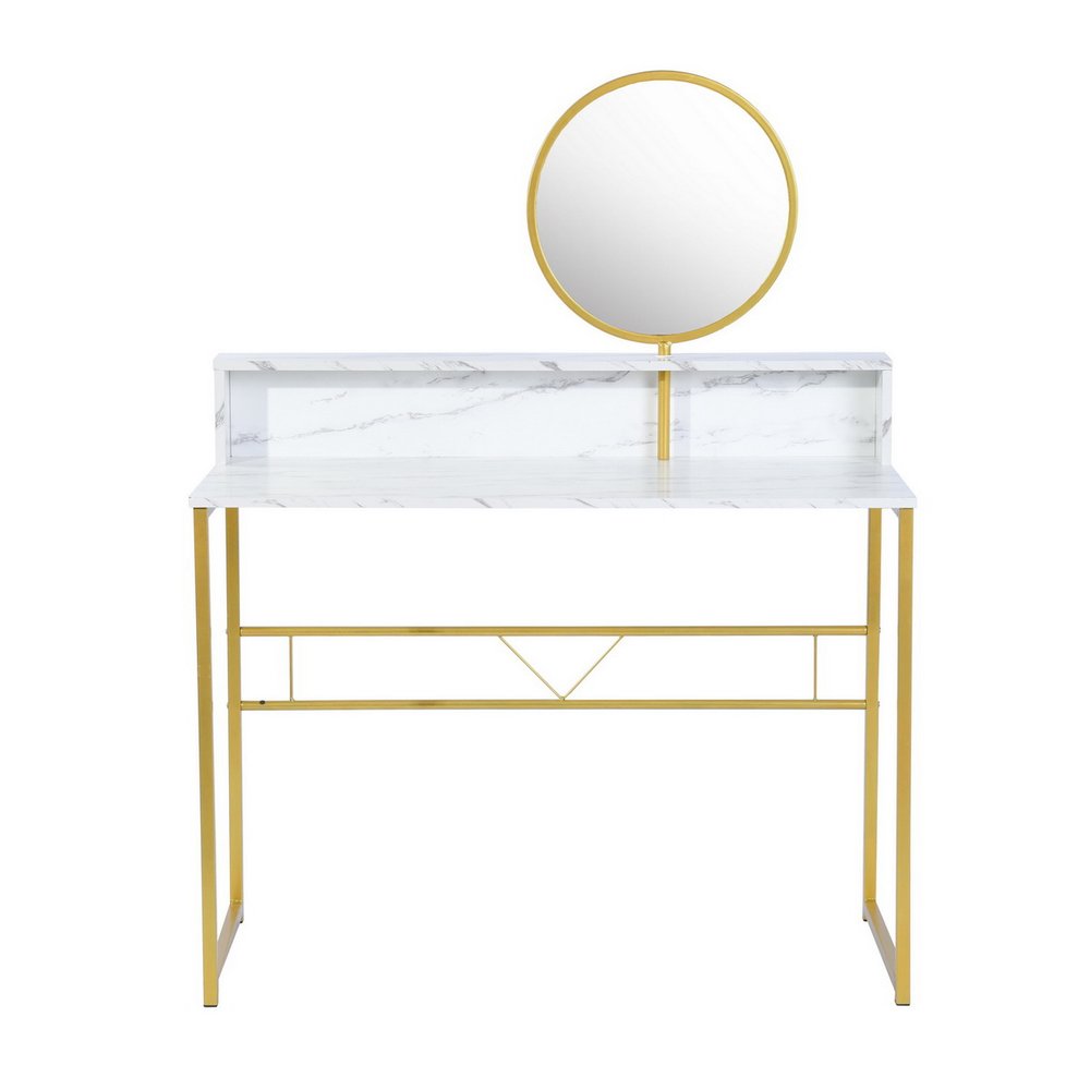 White and gold faux marble vanity table with a round mirror and steel frame on a white background.