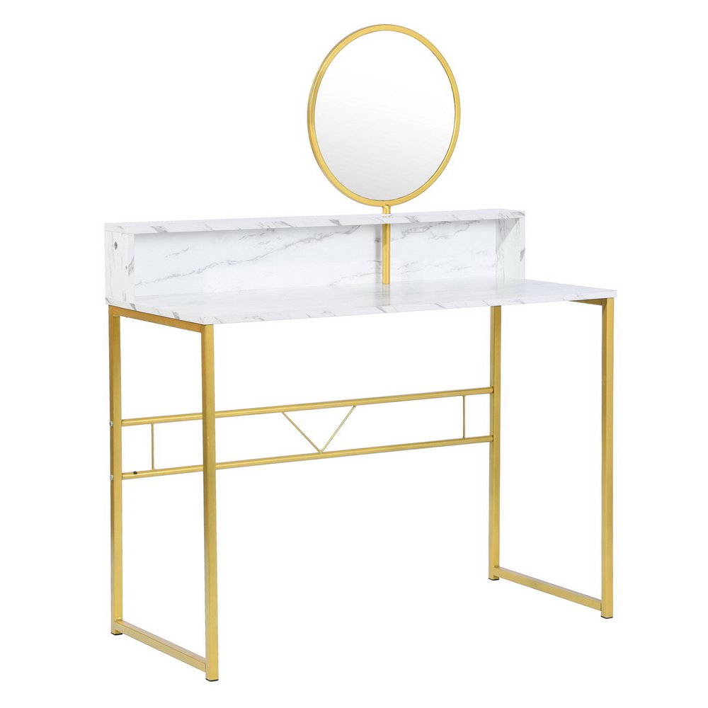 41" White And Gold Faux Marble and Steel Vanity Table with Mirror. Vanity table isolated on a plain white background, finished in gold metal.
