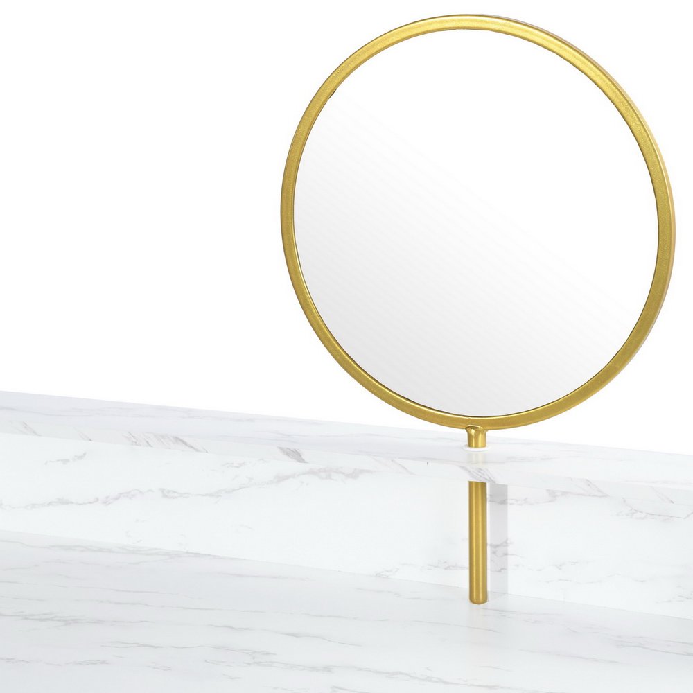 41" White And Gold Faux Marble and Steel Vanity Table with Mirror. Vanity table isolated on a plain white background, showing a gold metal surface.
