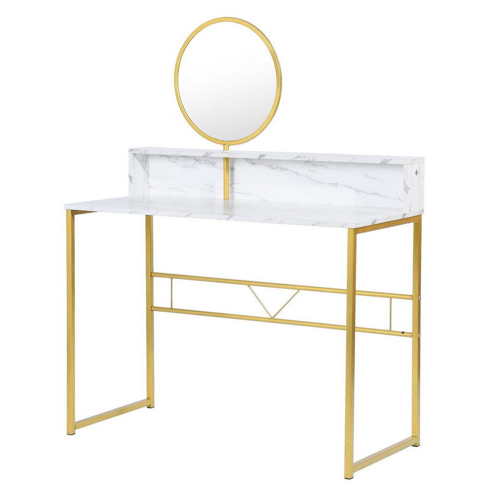 41" White And Gold Faux Marble and Steel Vanity Table with Mirror. Vanity table isolated on a plain white background, showing a gold metal surface.